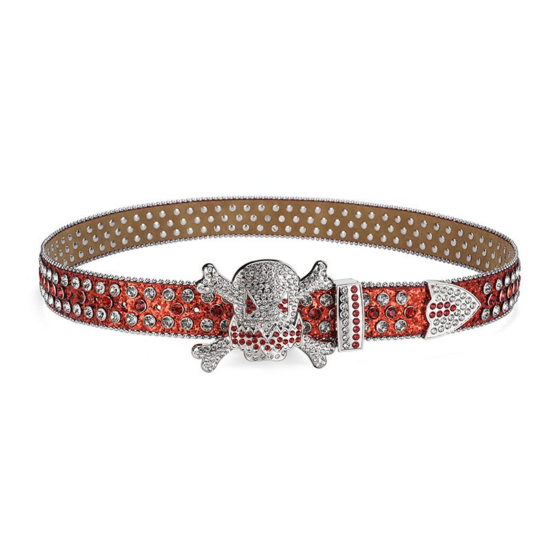 Hot Sale High Quality PU Leather Rhinestone Belt with Customized Western Crystal Studded Skull Buckle Hip Hop Punk Style