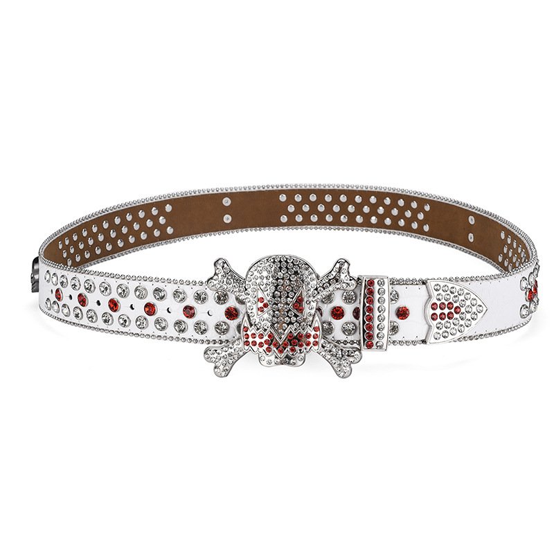 Hot Sale High Quality PU Leather Rhinestone Belt with Customized Western Crystal Studded Skull Buckle Hip Hop Punk Style