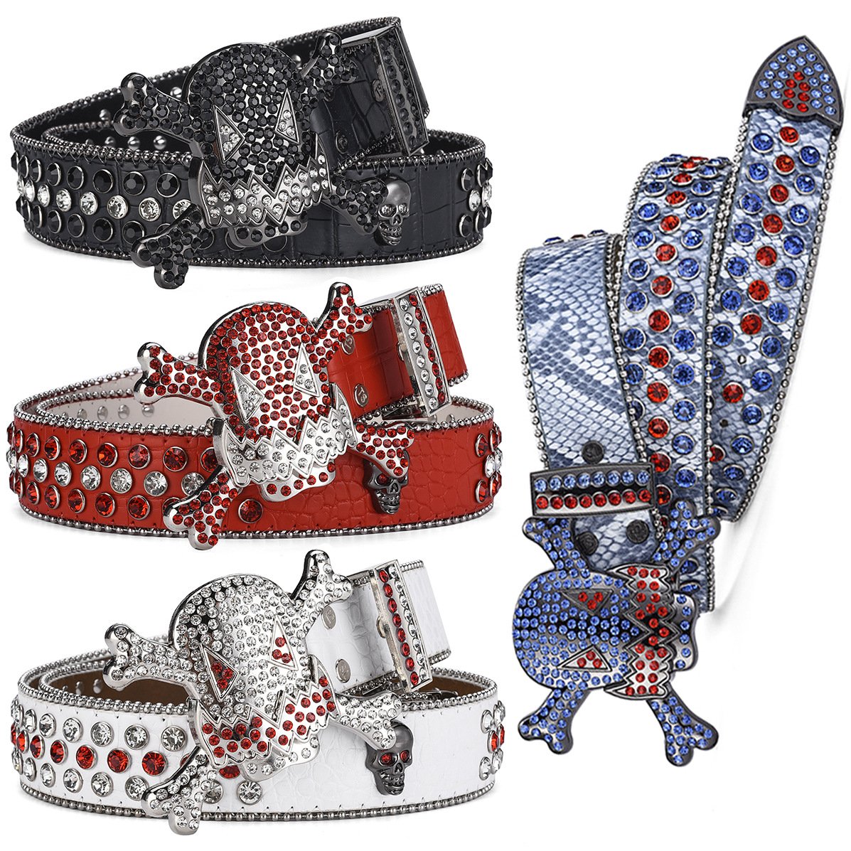 Hot Sale High Quality PU Leather Rhinestone Belt with Customized Western Crystal Studded Skull Buckle Hip Hop Punk Style
