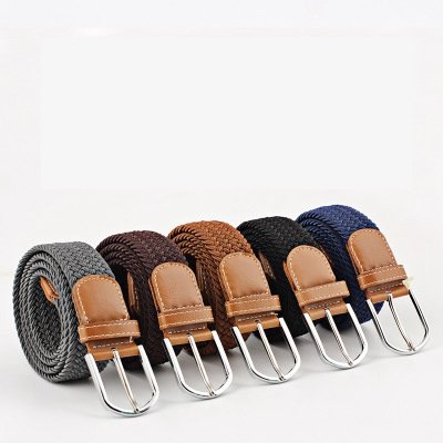 Unisex Canvas Woven Leather Belts Wide Metal Buckle Elastic Stretch Waist Belt