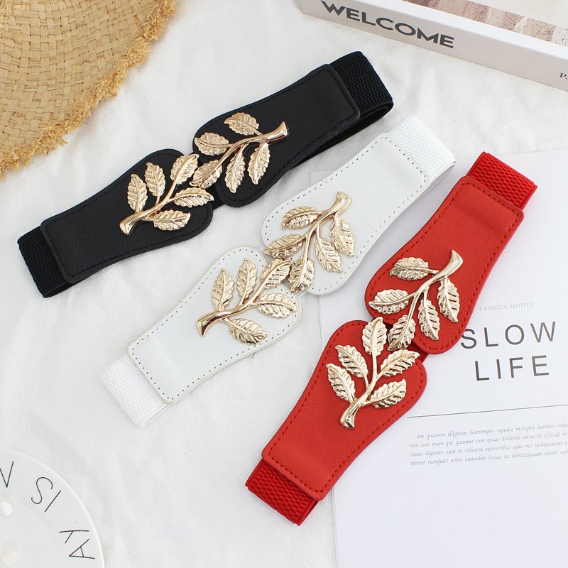 Plus Size 65CM 75CM 85CM Fashion Leaf waistbands Stretchy Elastic Belt Double Metal Buckle Waistband