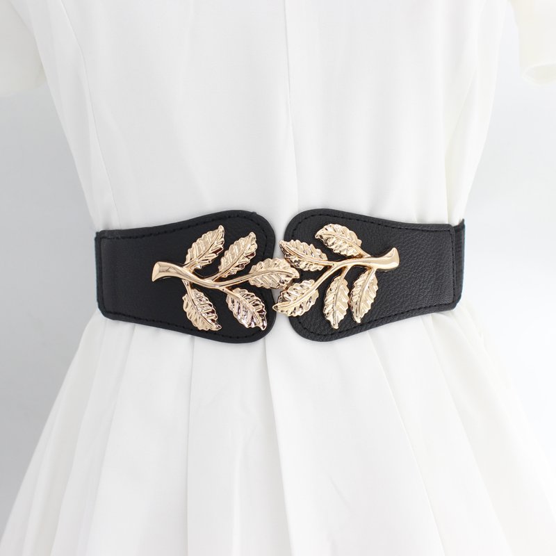 Plus Size 65CM 75CM 85CM Fashion Leaf waistbands Stretchy Elastic Belt Double Metal Buckle Waistband