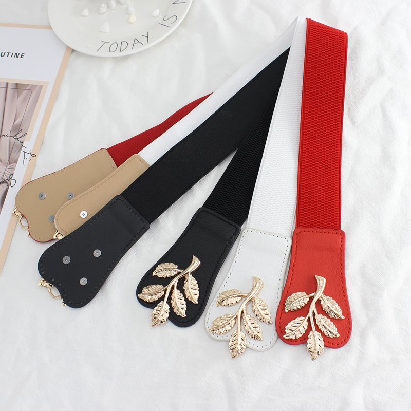 Plus Size 65CM 75CM 85CM Fashion Leaf waistbands Stretchy Elastic Belt Double Metal Buckle Waistband