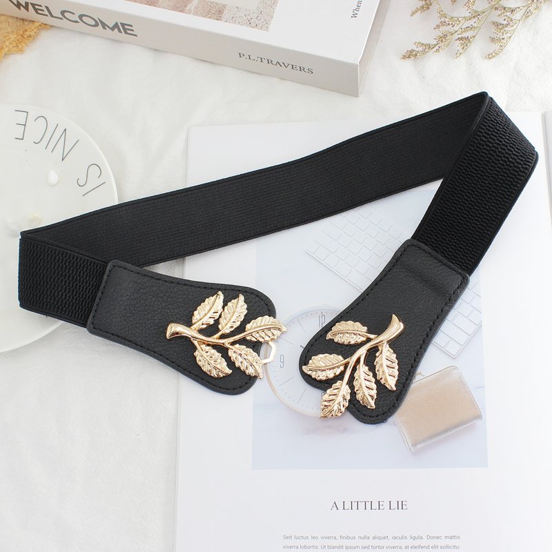 Plus Size 65CM 75CM 85CM Fashion Leaf waistbands Stretchy Elastic Belt Double Metal Buckle Waistband