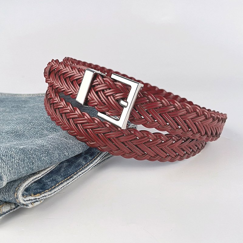 Newest Styles Cowhide Woven Genuine Leather Female Belt Gold Buckle Waisth Belts Summer Decoration Jeans