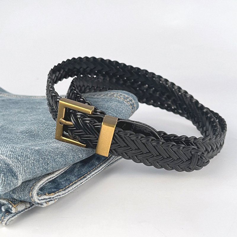 Newest Styles Cowhide Woven Genuine Leather Female Belt Gold Buckle Waisth Belts Summer Decoration Jeans
