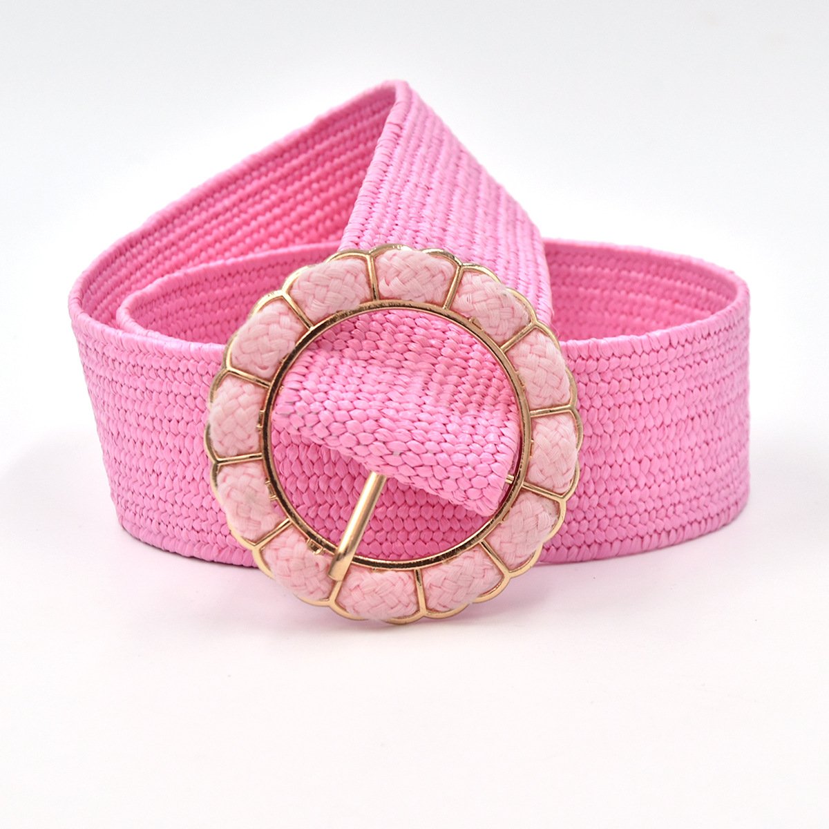 REWIN 2024 New Bohemian Candy Color PP Straw Woven Elastic Belt Round Floral Buckle Vintage Ornament Women's Wide Waist Seal