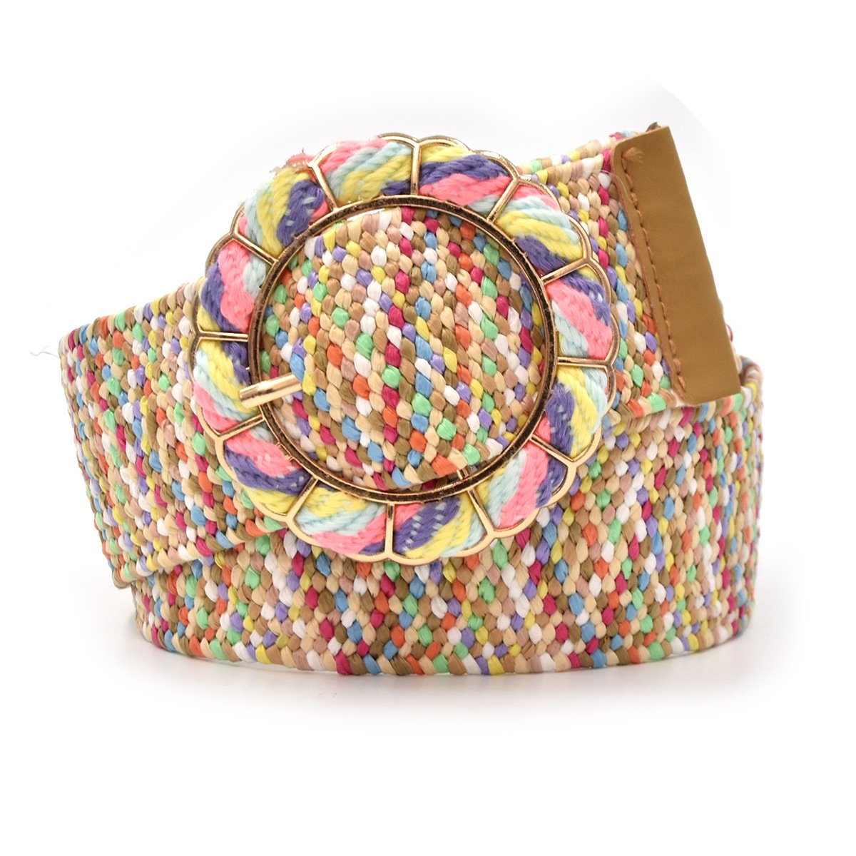 REWIN 2024 New Bohemian Candy Color PP Straw Woven Elastic Belt Round Floral Buckle Vintage Ornament Women's Wide Waist Seal