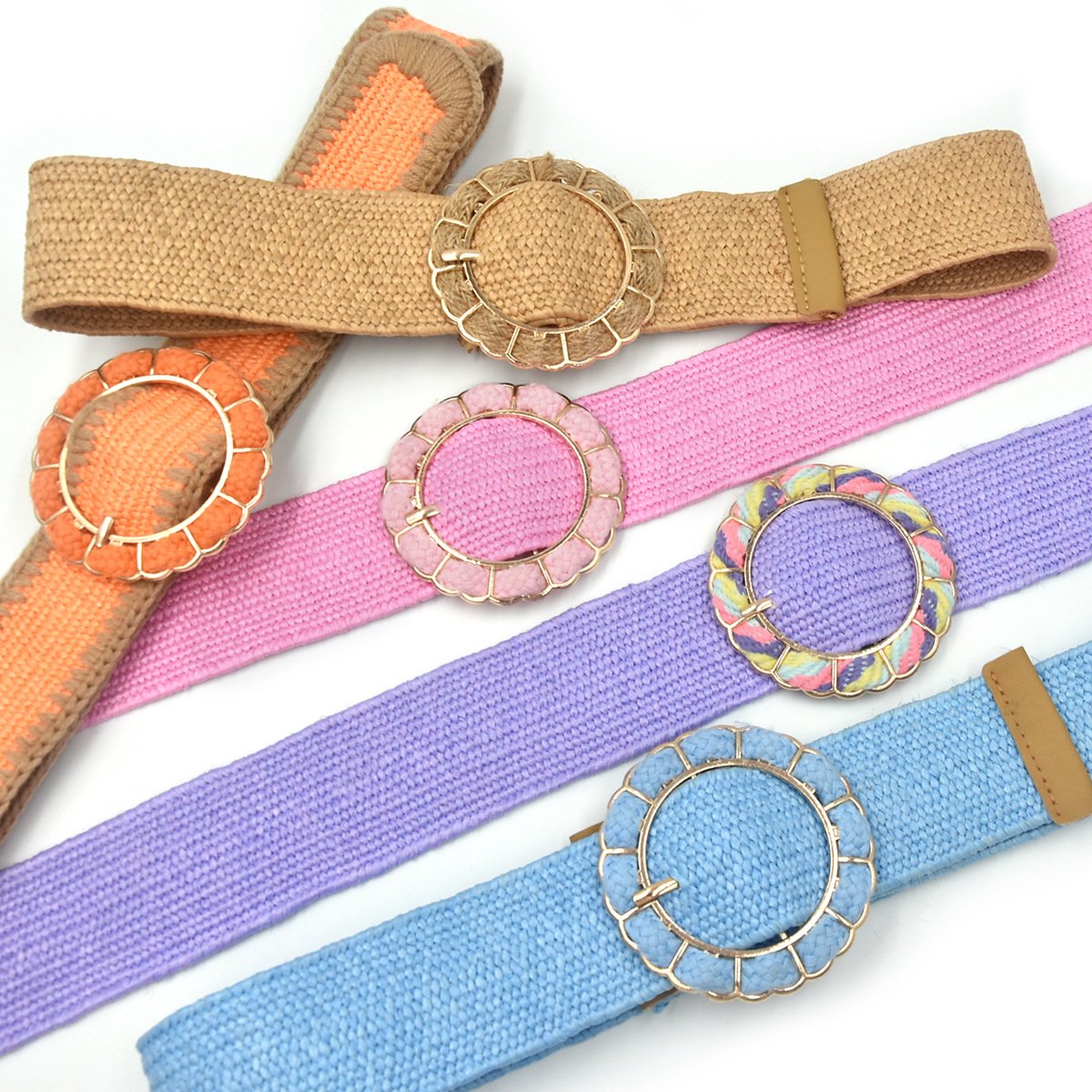 REWIN 2024 New Bohemian Candy Color PP Straw Woven Elastic Belt Round Floral Buckle Vintage Ornament Women's Wide Waist Seal