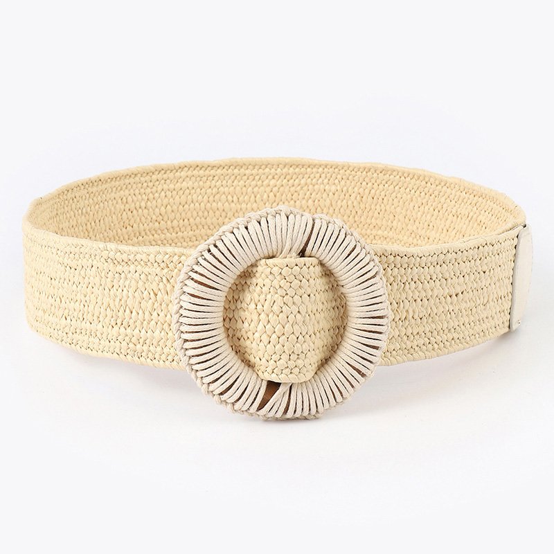 RW 2024 Bohemian Vacation Style 5cm Knitted Straw Raffia Belt Lady Vintage Round Woven Buckle Belt Women Dress Elastic Girdle