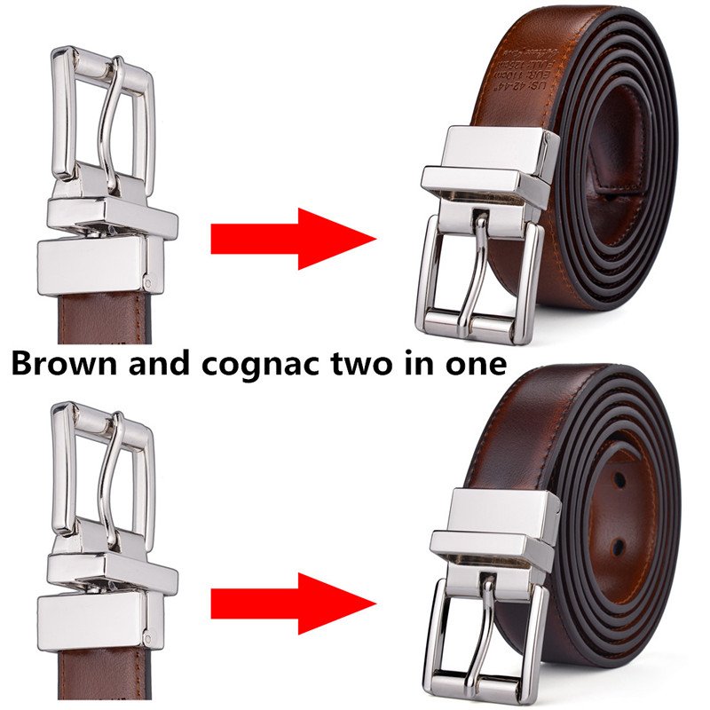 Wholesale New Design 2.8CM Brown and Cognac Reversible Genuine Leather Belts for Women with Rotated Buckle