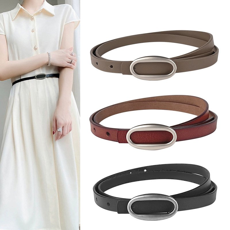 Retro Silver Oval Buckle Genuine Leather Thin Belts Female Waist Cowhide Belt Decoration Jeans