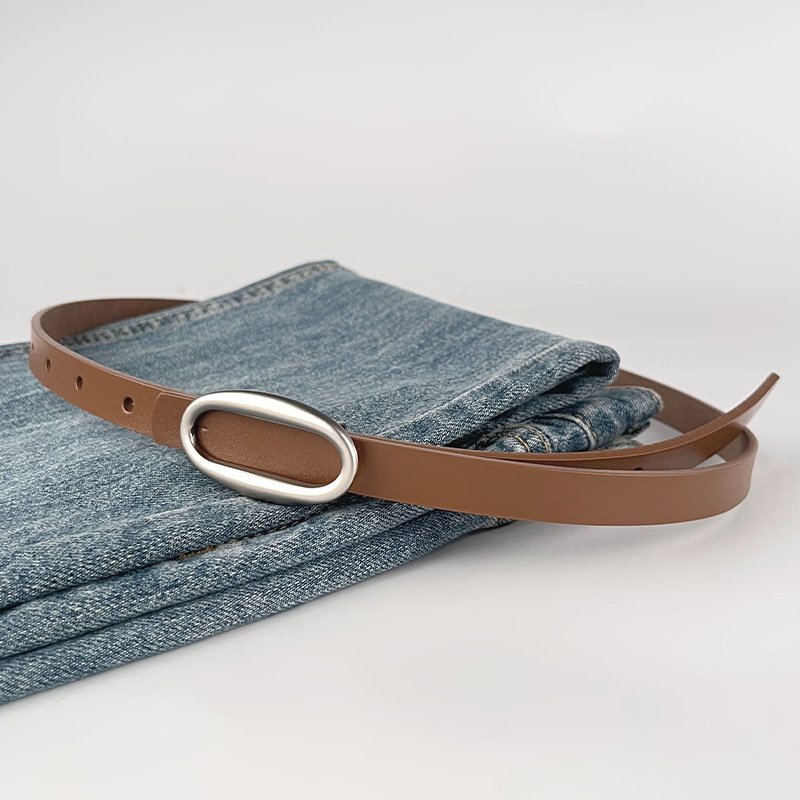 Retro Silver Oval Buckle Genuine Leather Thin Belts Female Waist Cowhide Belt Decoration Jeans