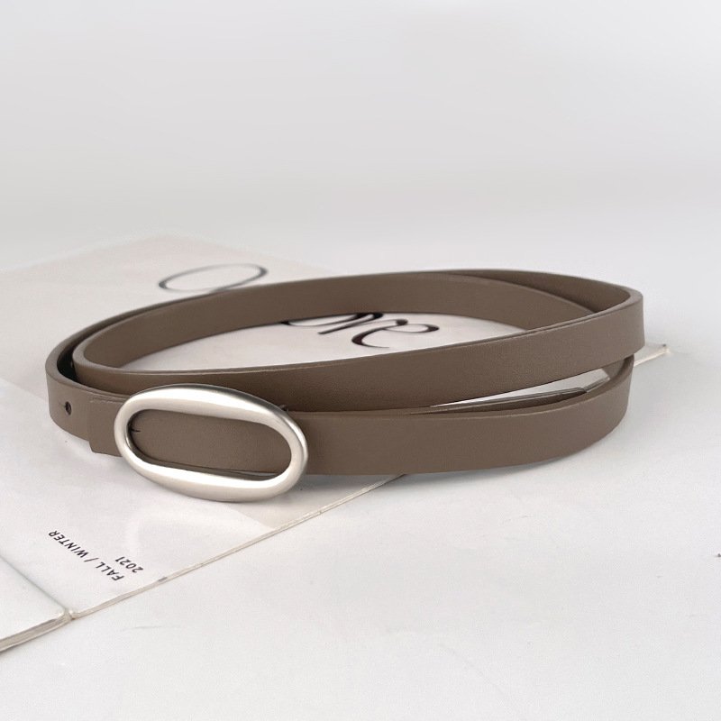 Retro Silver Oval Buckle Genuine Leather Thin Belts Female Waist Cowhide Belt Decoration Jeans