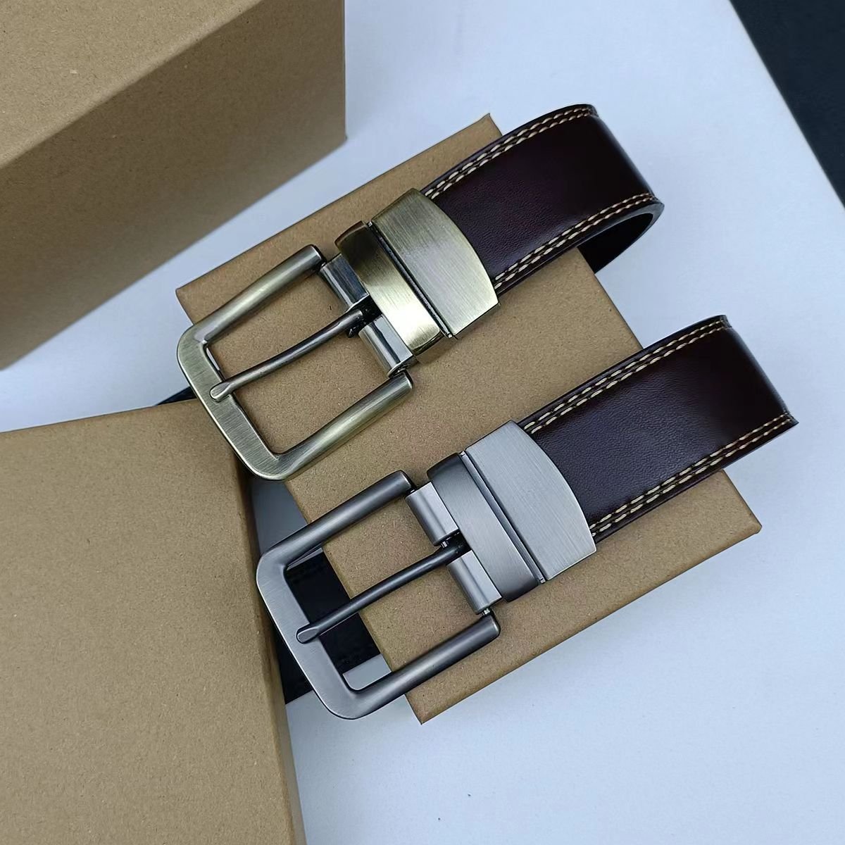 New Design Casual Golf Dress Pants Belt Double Side Reversible Men Genuine Leather Belts with Rotated Buckle