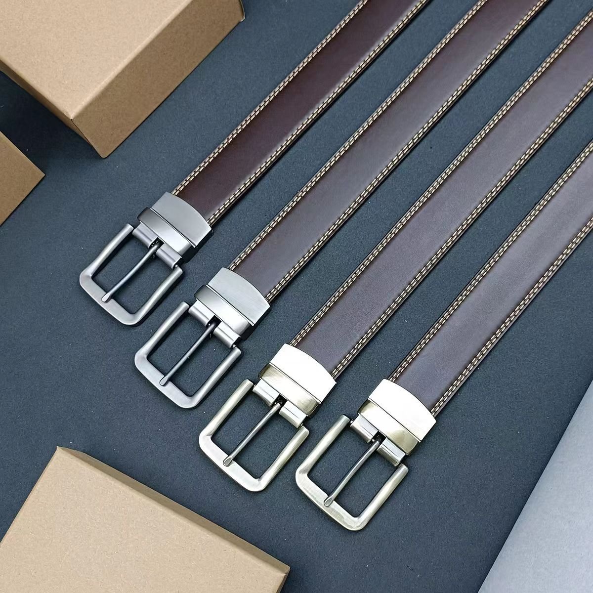 New Design Casual Golf Dress Pants Belt Double Side Reversible Men Genuine Leather Belts with Rotated Buckle