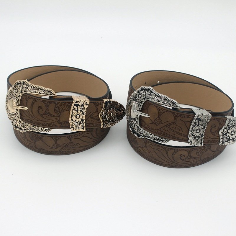 Euro-style Spice Girls Brown Texture niche pin buckle Belt Women's belt Printed pattern batch belt for both men and women