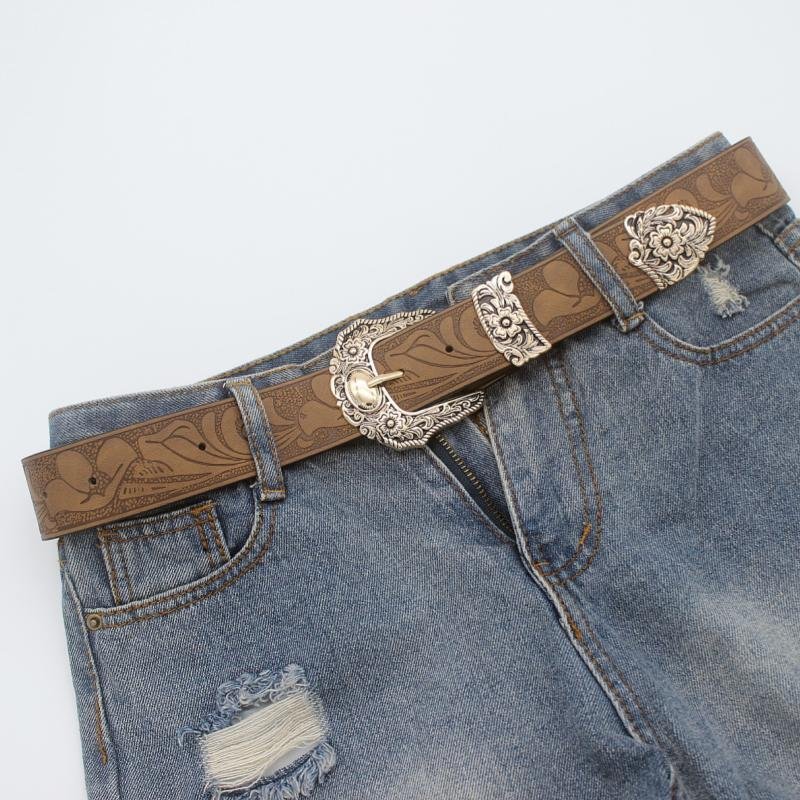 Euro-style Spice Girls Brown Texture niche pin buckle Belt Women's belt Printed pattern batch belt for both men and women