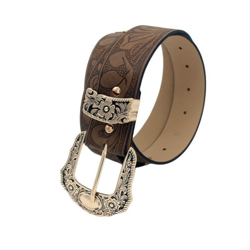 Euro-style Spice Girls Brown Texture niche pin buckle Belt Women's belt Printed pattern batch belt for both men and women