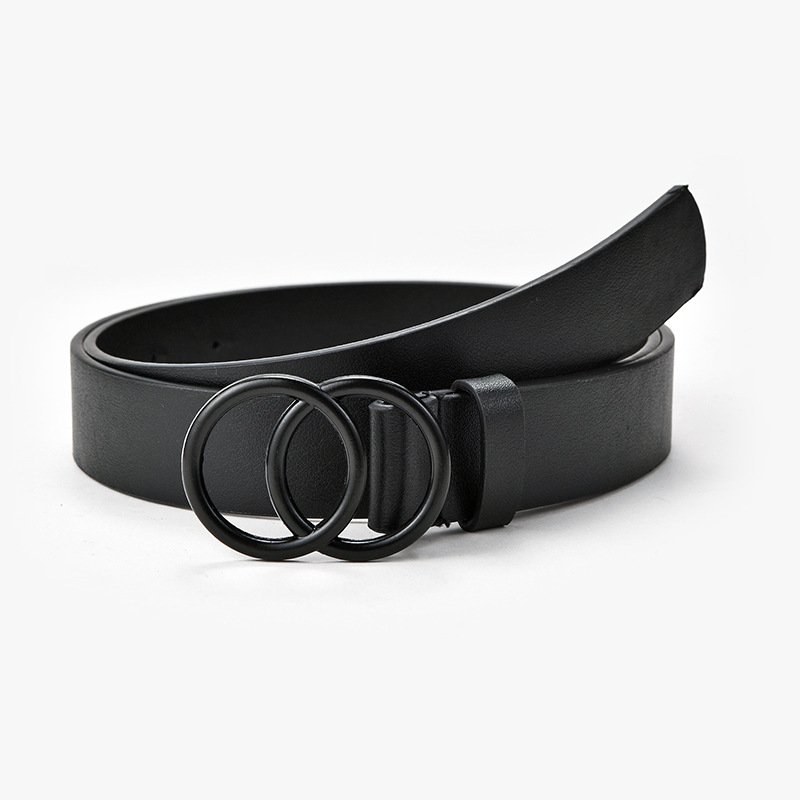 Women's PU Leather Belt With Double O Buckle Fashionable Lady Belt for Jeans Gun Black Color