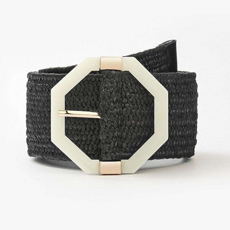 REWIN New Fashion Leisure Ladies Women Skinny Dress Stretch Belt Octagon Buckle Wide PP Straw Woven Elastic Stretch Belts