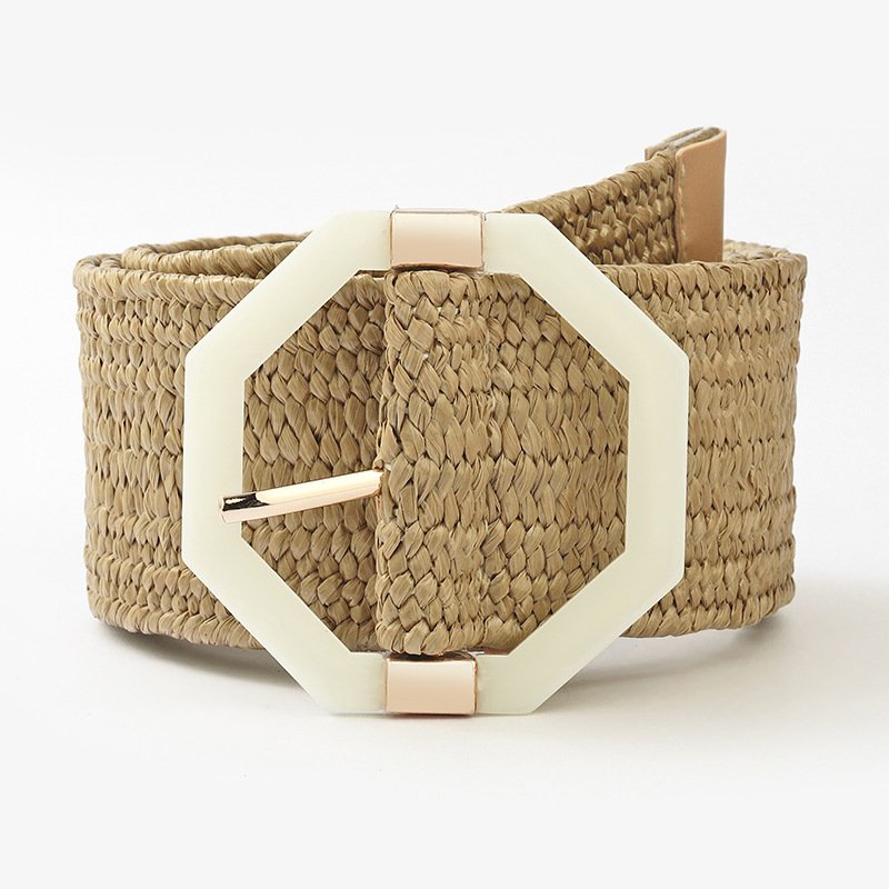 REWIN New Fashion Leisure Ladies Women Skinny Dress Stretch Belt Octagon Buckle Wide PP Straw Woven Elastic Stretch Belts