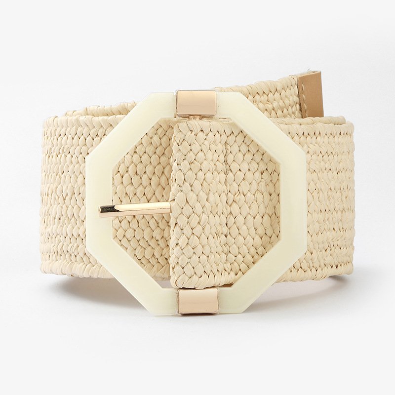 REWIN New Fashion Leisure Ladies Women Skinny Dress Stretch Belt Octagon Buckle Wide PP Straw Woven Elastic Stretch Belts