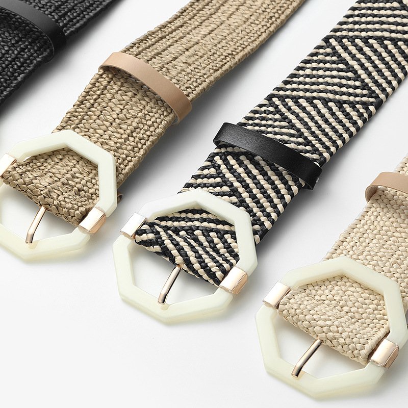 REWIN New Fashion Leisure Ladies Women Skinny Dress Stretch Belt Octagon Buckle Wide PP Straw Woven Elastic Stretch Belts