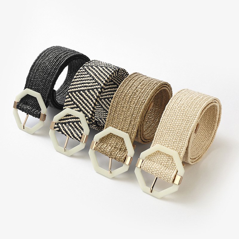 REWIN New Fashion Leisure Ladies Women Skinny Dress Stretch Belt Octagon Buckle Wide PP Straw Woven Elastic Stretch Belts