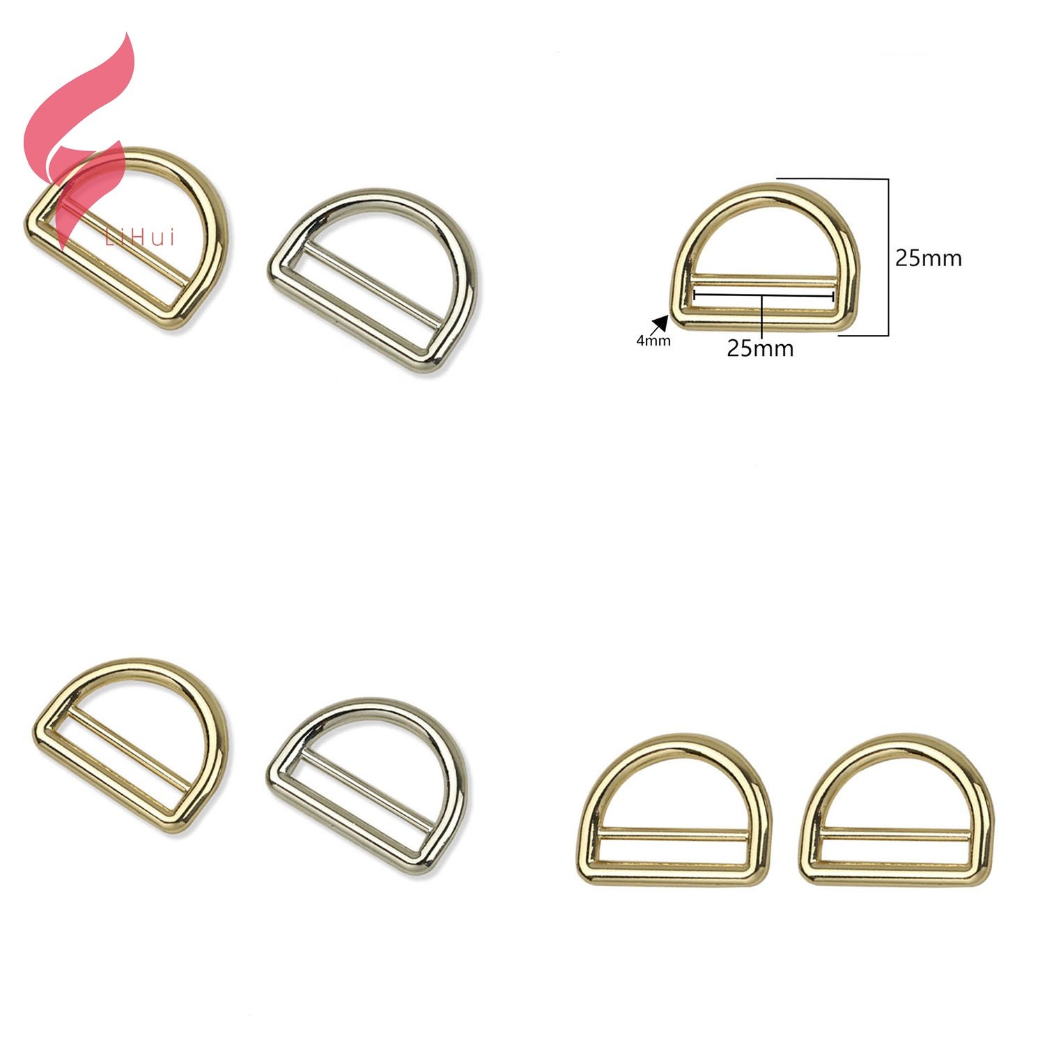 LiHui hardware metal D Ring zinc alloy dog buckle plated leather bag buckle hardware metal buckle 25mm for handbags