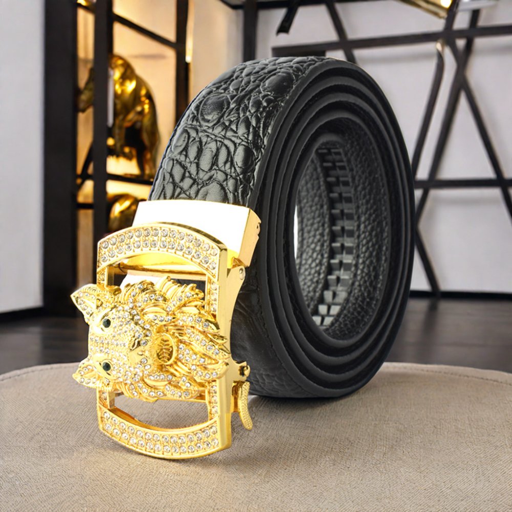 Wolf Coyote Head Design Business Belt With PU Leather Alloy Automatic Buckle Fashionable Individual Personality Style