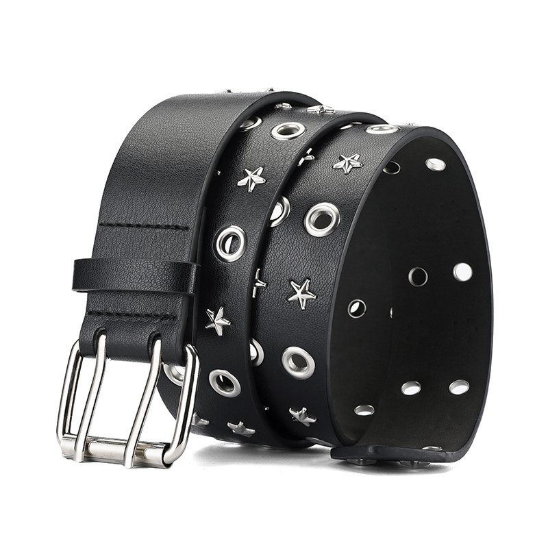 Factory Sale Double Grommet Metal Star Stud PU Leather Double Prong Buckle Vintage Punk Rock Jeans Belt For Women Men