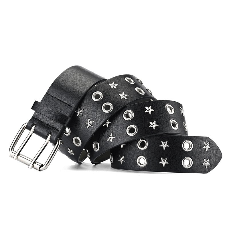 Factory Sale Double Grommet Metal Star Stud PU Leather Double Prong Buckle Vintage Punk Rock Jeans Belt For Women Men