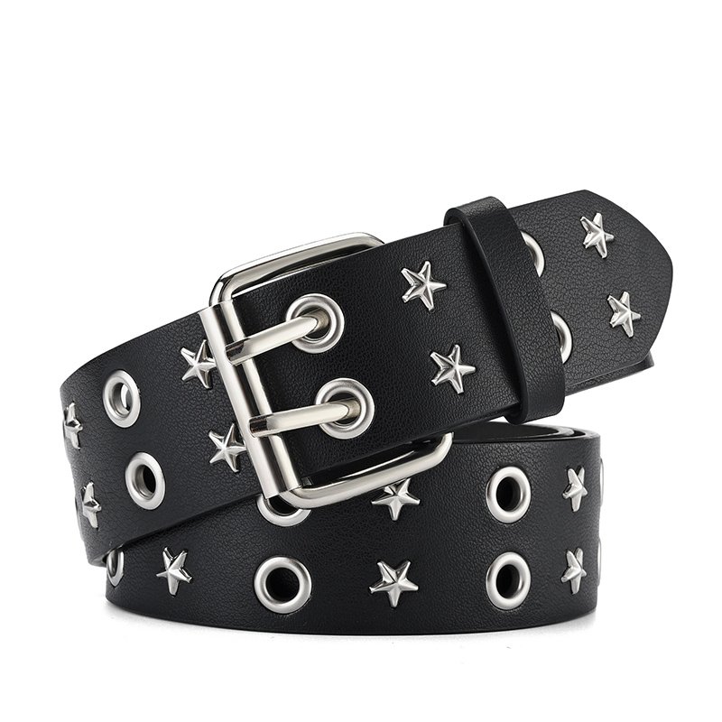 Factory Sale Double Grommet Metal Star Stud PU Leather Double Prong Buckle Vintage Punk Rock Jeans Belt For Women Men