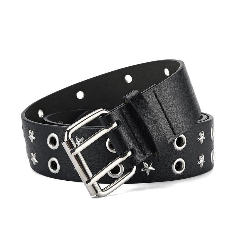 Factory Sale Double Grommet Metal Star Stud PU Leather Double Prong Buckle Vintage Punk Rock Jeans Belt For Women Men