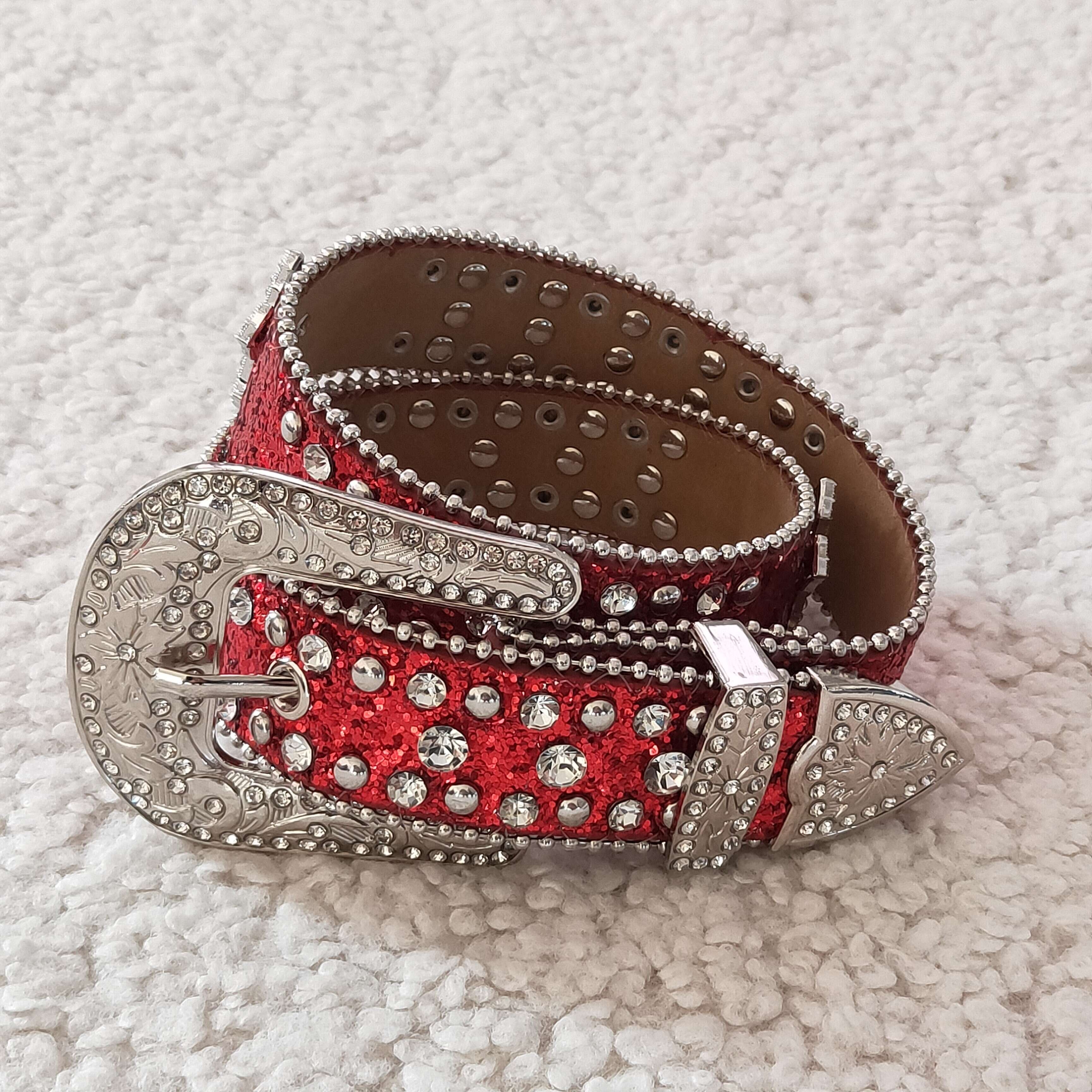 Wholesale New Fashion Alloy Red Buckle Kids Belts Stylish Western Style with Studded Rhinestone Bling Bling Design for Children