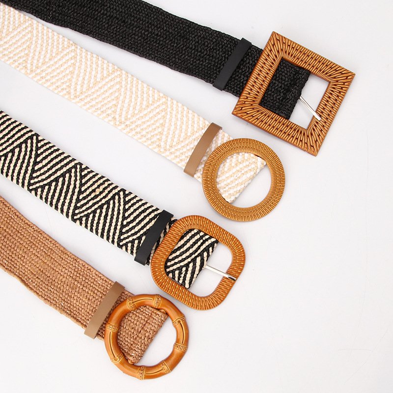 Boho Straw Woven Belt Rattan Waist Belt Ladies Summer Beach Wooden Bamboo Buckle Waist Dress Band Women Designer Leather Belts
