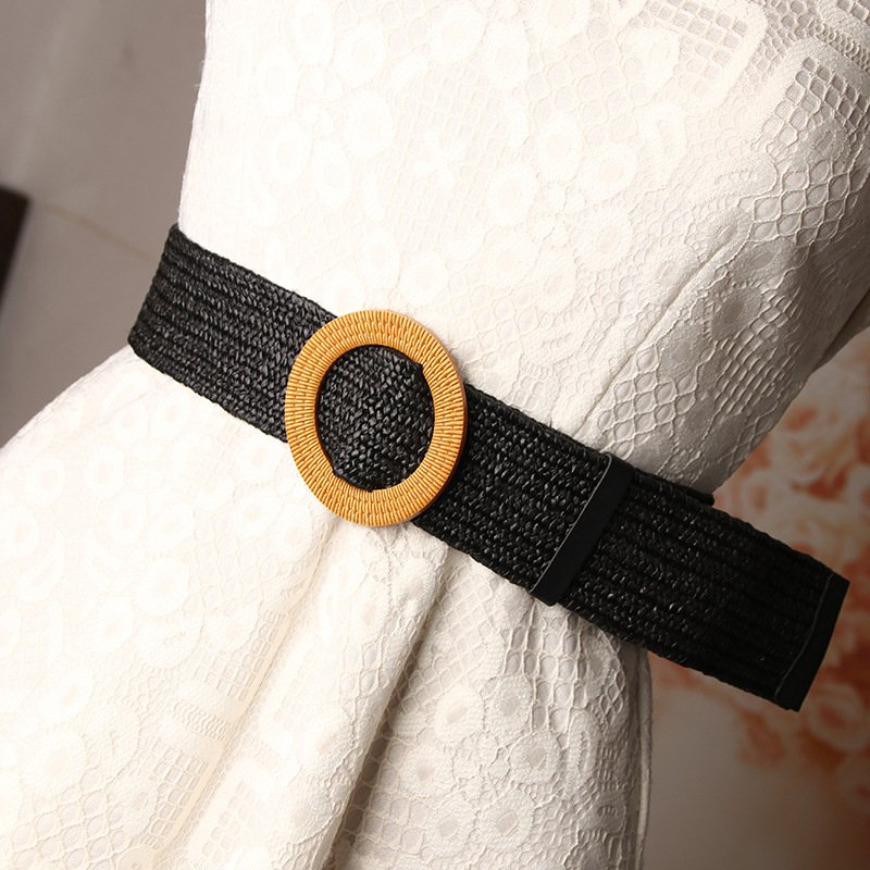 Boho Straw Woven Belt Rattan Waist Belt Ladies Summer Beach Wooden Bamboo Buckle Waist Dress Band Women Designer Leather Belts