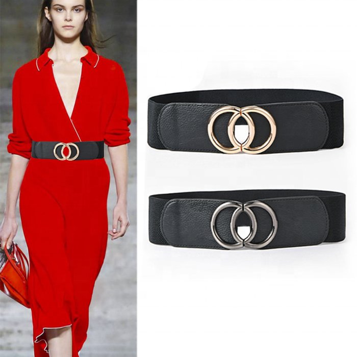 Exquisite Simple Fashion Ladies Women Crescent Hook Double Ring Buckle Wide Elastic Belts for Dress