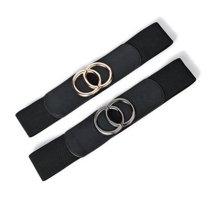 Exquisite Simple Fashion Ladies Women Crescent Hook Double Ring Buckle Wide Elastic Belts for Dress