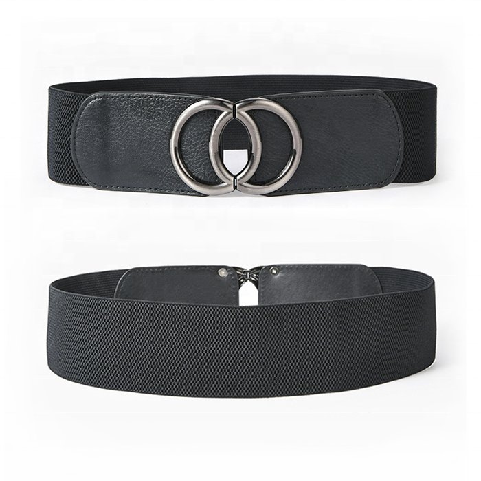 Exquisite Simple Fashion Ladies Women Crescent Hook Double Ring Buckle Wide Elastic Belts for Dress