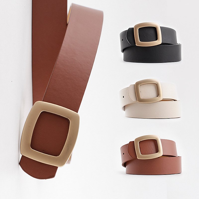 Women's Fashion Belt Square Smooth Buckle PU Leather Waist Belt Waistband