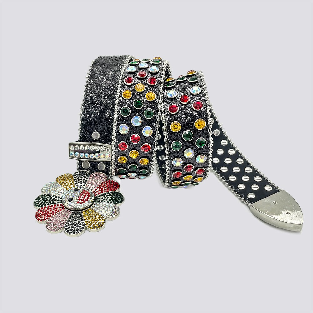 Rewin Crystal Diamond Luxury Strap Belts Western Cowgirl Rhinestone Belt BB Simon Studded Flower Rhinestone Belt for Women Men