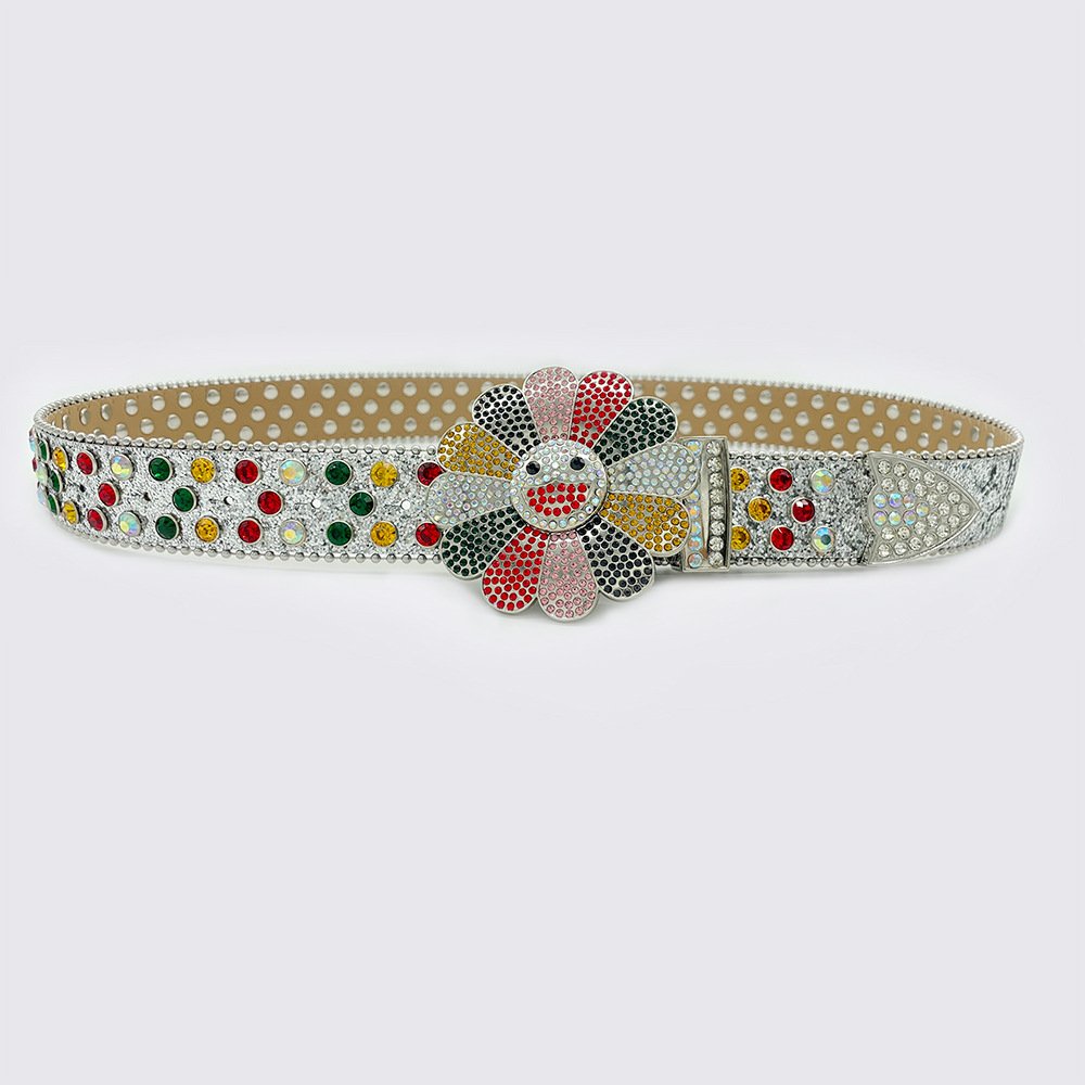 Rewin Crystal Diamond Luxury Strap Belts Western Cowgirl Rhinestone Belt BB Simon Studded Flower Rhinestone Belt for Women Men