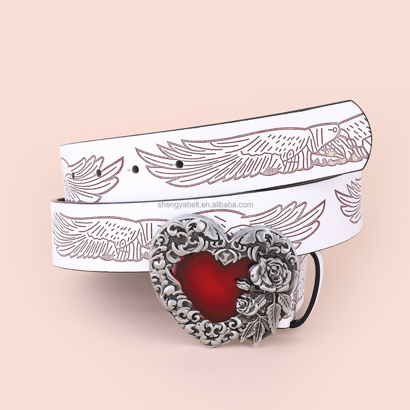 American Western Denim Vintage Carved Heart Buckle Belt White Trendy Pattern Pu Leather Personality Ethnic Belt