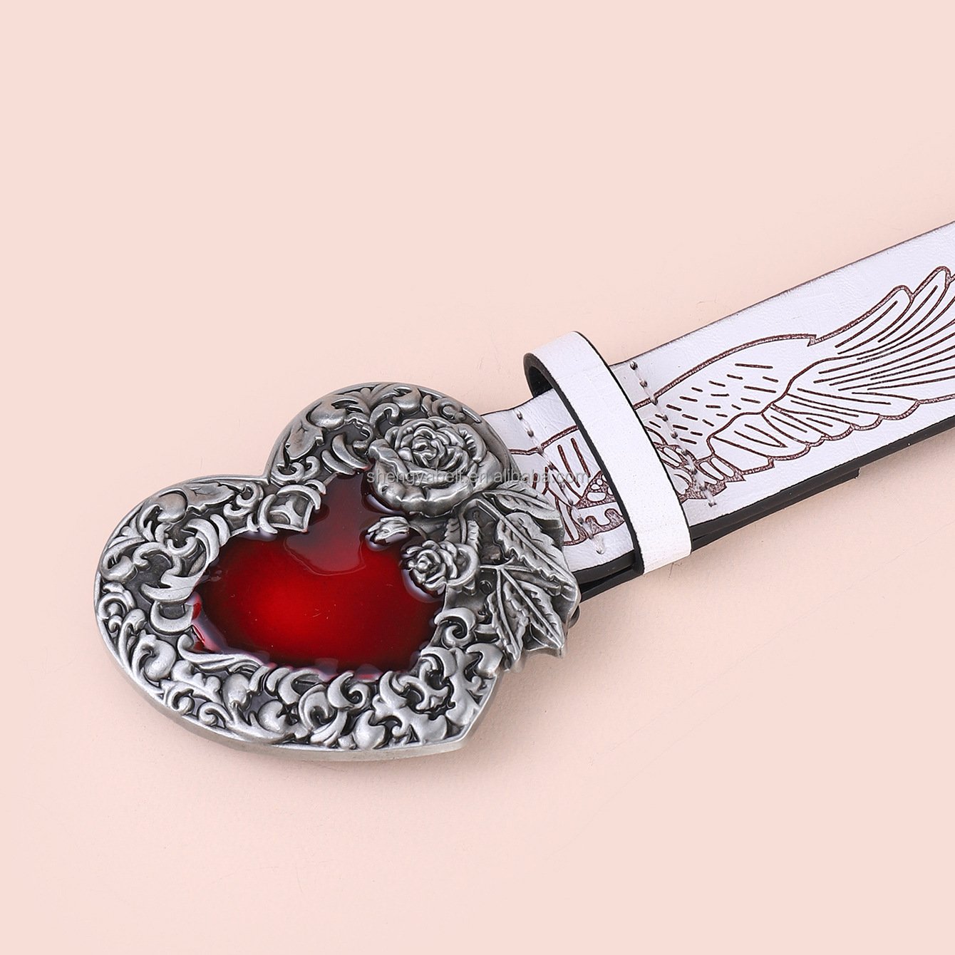 American Western Denim Vintage Carved Heart Buckle Belt White Trendy Pattern Pu Leather Personality Ethnic Belt