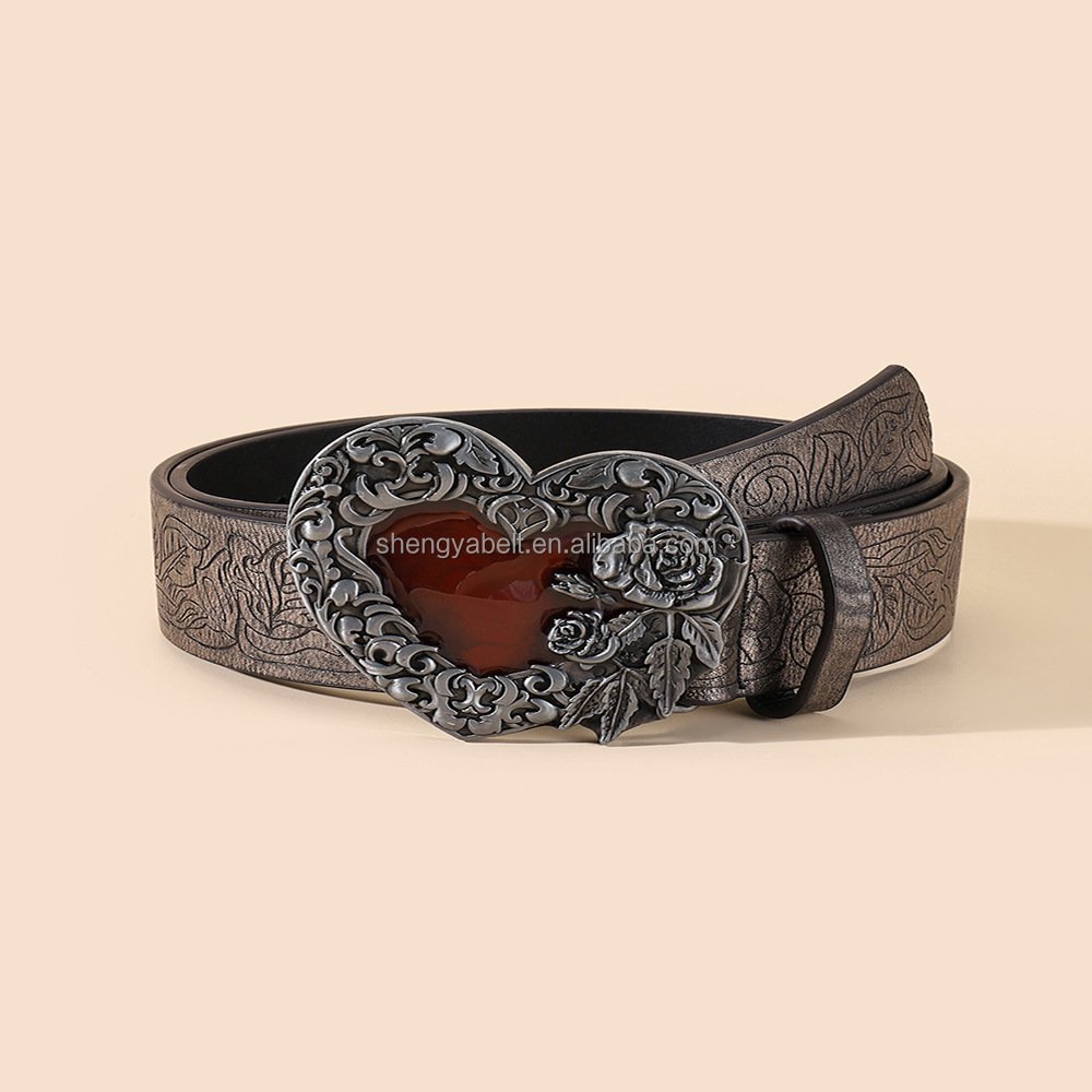 American Western Denim Vintage Carved Heart Buckle Belt White Trendy Pattern Pu Leather Personality Ethnic Belt
