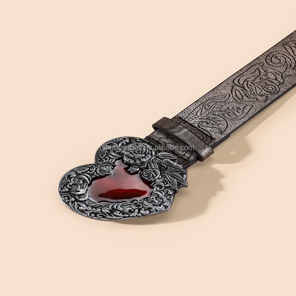 American Western Denim Vintage Carved Heart Buckle Belt White Trendy Pattern Pu Leather Personality Ethnic Belt