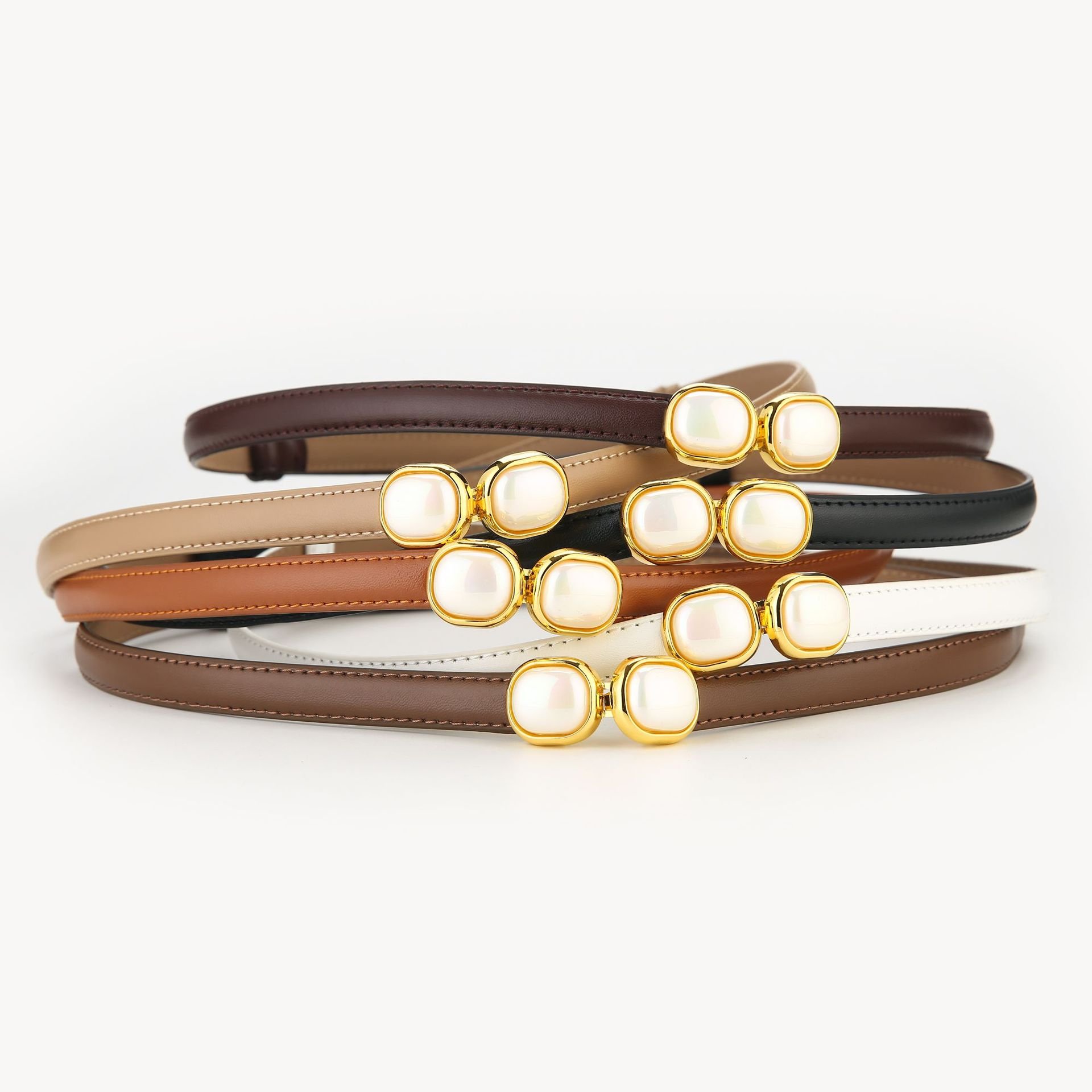 2024 Wholesale Vintage Luxury Genuine Leather Women Thin Belt Designer Ladies Gold Alloy Buckle Waist Belt For Dress