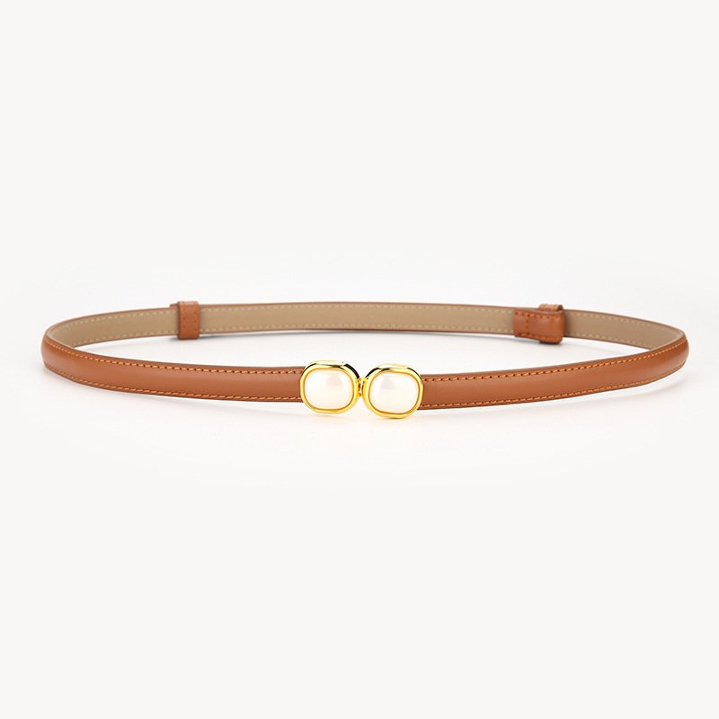 2024 Wholesale Vintage Luxury Genuine Leather Women Thin Belt Designer Ladies Gold Alloy Buckle Waist Belt For Dress